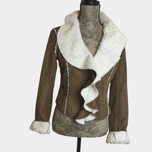 Jou Jou Faux Shearling Jacket Brown S Cream Open Front Moto Style Soft Lined - Picture 2 of 10